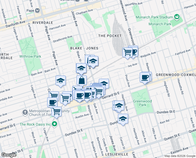 map of restaurants, bars, coffee shops, grocery stores, and more near 15 Myrtle Avenue in Toronto