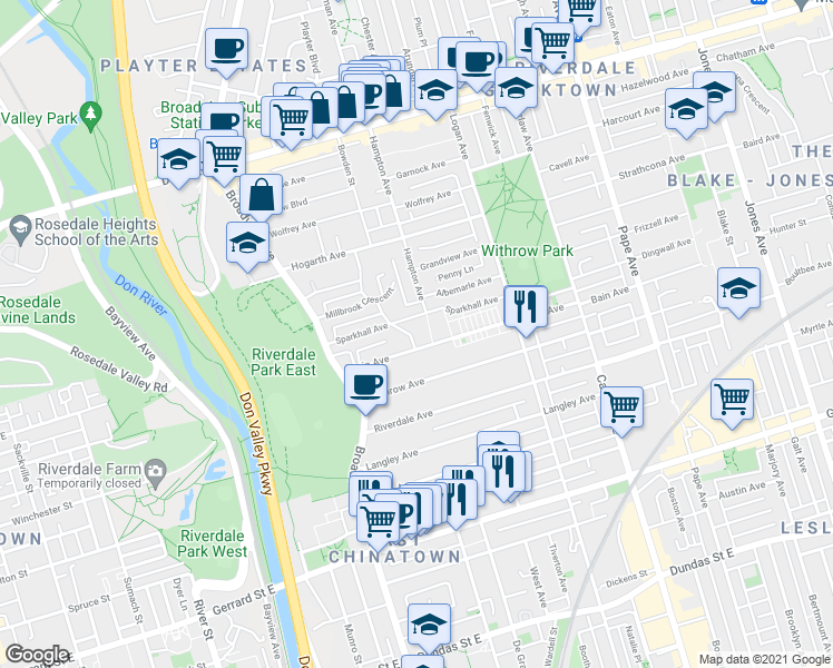 map of restaurants, bars, coffee shops, grocery stores, and more near 17 Ingham Avenue in Toronto