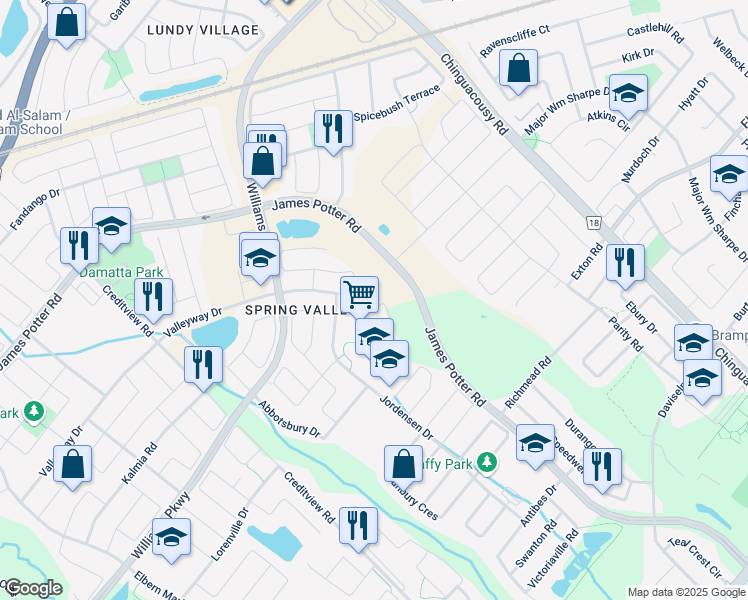 map of restaurants, bars, coffee shops, grocery stores, and more near 22 Stillman Drive in Brampton