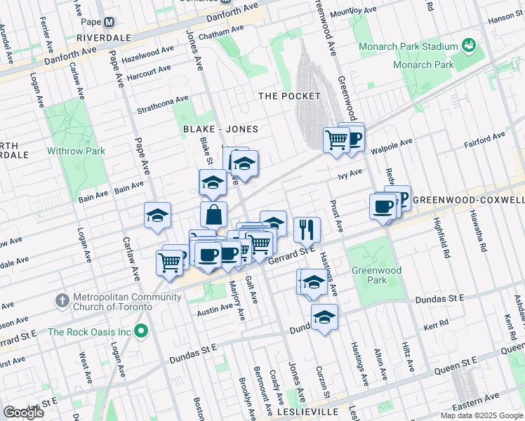 map of restaurants, bars, coffee shops, grocery stores, and more near 23 Myrtle Avenue in Toronto