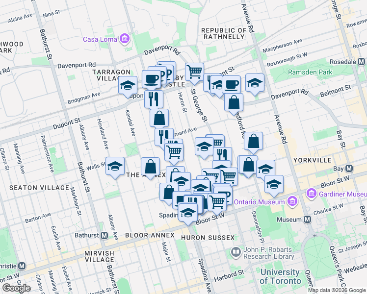 map of restaurants, bars, coffee shops, grocery stores, and more near 115 Madison Avenue in Toronto