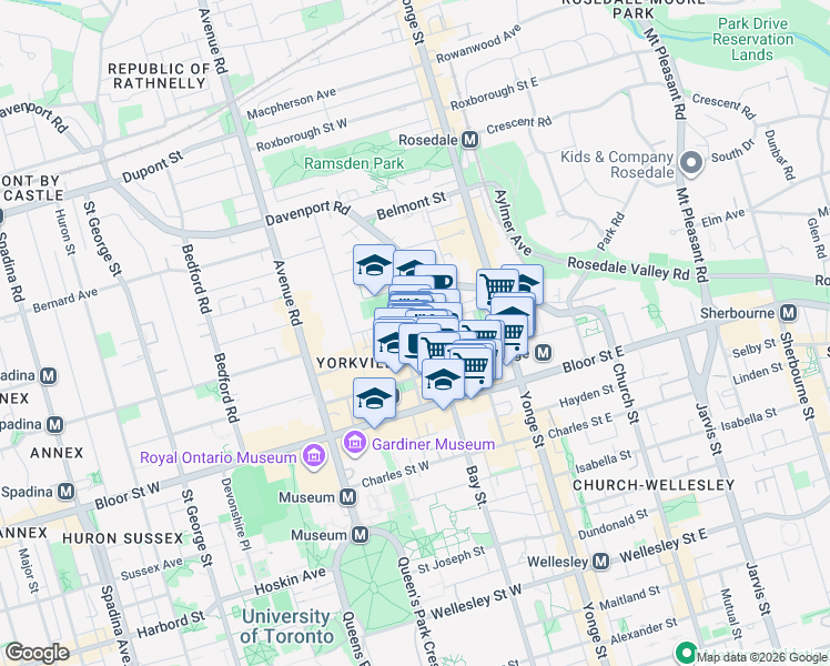 map of restaurants, bars, coffee shops, grocery stores, and more near 70 Yorkville Avenue in Toronto