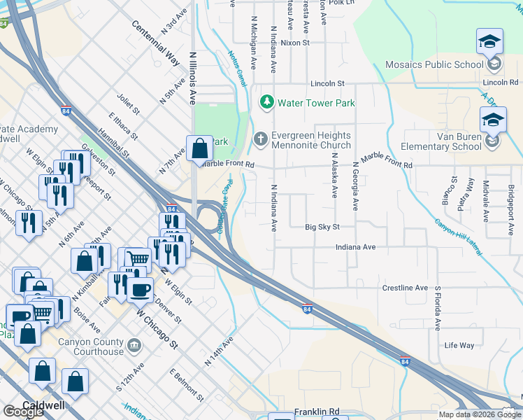 map of restaurants, bars, coffee shops, grocery stores, and more near 215 North Michigan Avenue in Caldwell