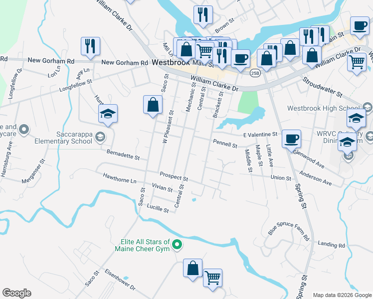 map of restaurants, bars, coffee shops, grocery stores, and more near 162 Central Street in Westbrook