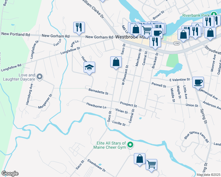 map of restaurants, bars, coffee shops, grocery stores, and more near 18 Bernadette Street in Westbrook
