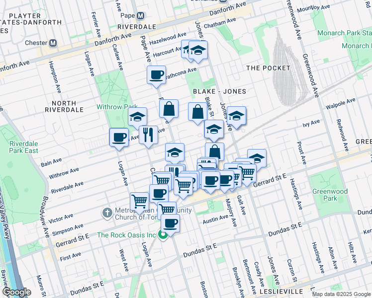 map of restaurants, bars, coffee shops, grocery stores, and more near in Toronto