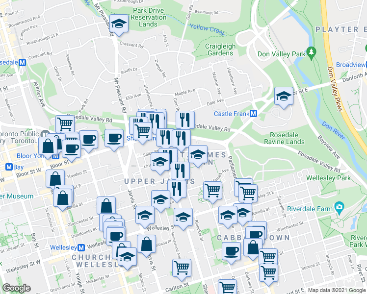 map of restaurants, bars, coffee shops, grocery stores, and more near in Toronto
