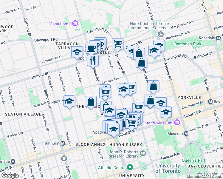 map of restaurants, bars, coffee shops, grocery stores, and more near in Toronto