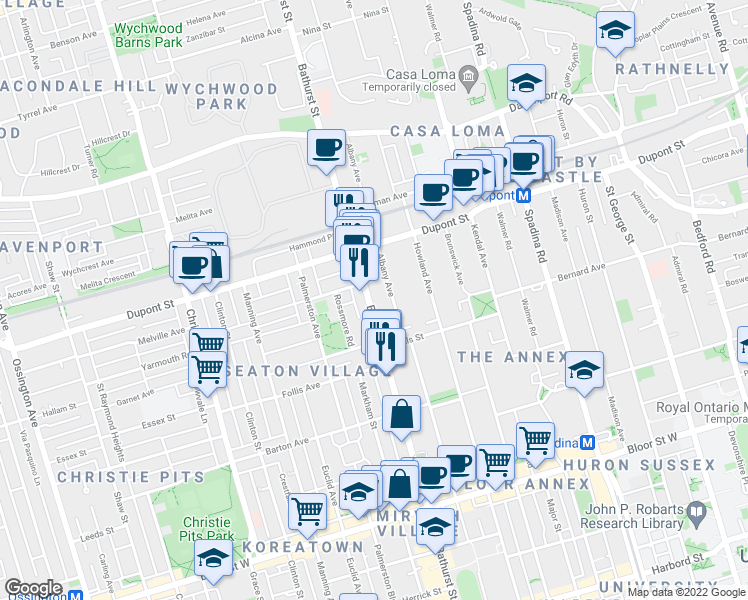 map of restaurants, bars, coffee shops, grocery stores, and more near in Toronto
