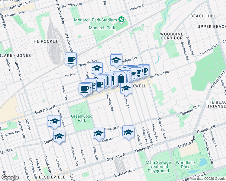 map of restaurants, bars, coffee shops, grocery stores, and more near 1395 Gerrard Street East in Toronto