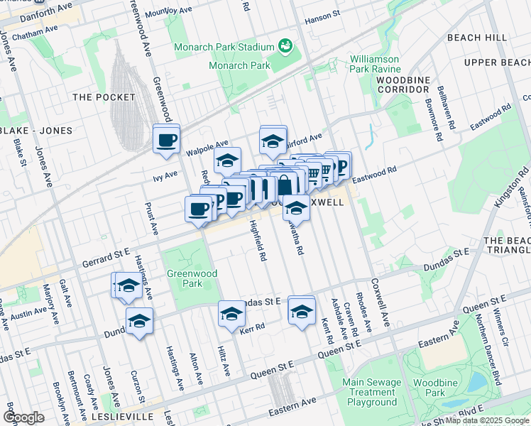 map of restaurants, bars, coffee shops, grocery stores, and more near in Toronto