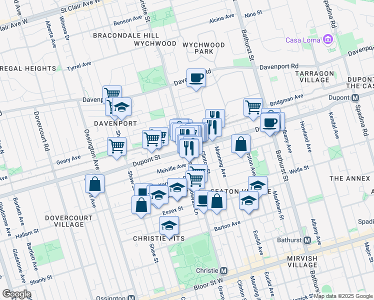 map of restaurants, bars, coffee shops, grocery stores, and more near Dupont St & Christie St in Toronto