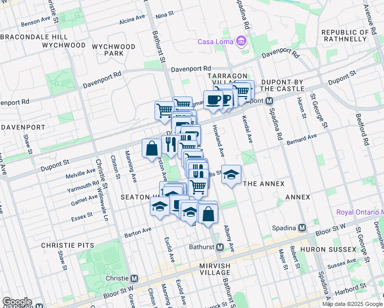 map of restaurants, bars, coffee shops, grocery stores, and more near 1039 Bathurst Street in Toronto