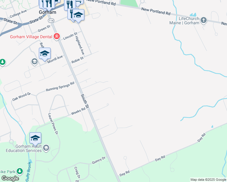 map of restaurants, bars, coffee shops, grocery stores, and more near 24 Strawberry Lane in Gorham