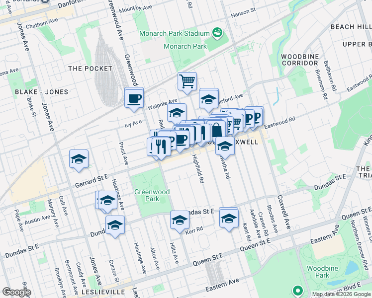 map of restaurants, bars, coffee shops, grocery stores, and more near 1324 Gerrard Street East in Toronto