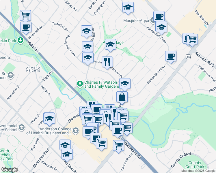 map of restaurants, bars, coffee shops, grocery stores, and more near 38 River View Drive in Brampton