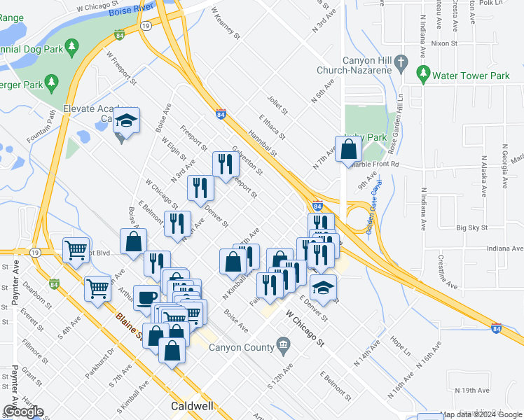 map of restaurants, bars, coffee shops, grocery stores, and more near 616 East Freeport Street in Caldwell