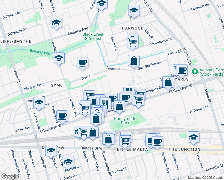 map of restaurants, bars, coffee shops, grocery stores, and more near 1 Blakley Avenue in Toronto