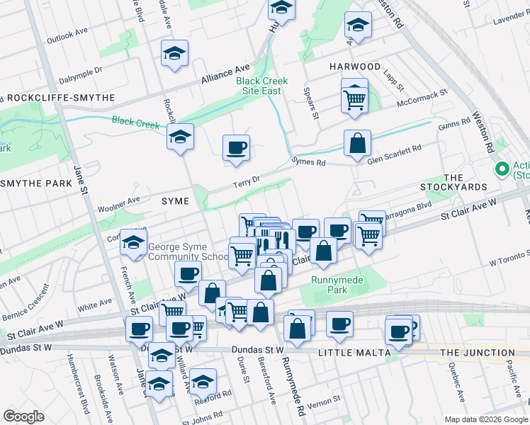 map of restaurants, bars, coffee shops, grocery stores, and more near 22 Criscoe Street in Toronto