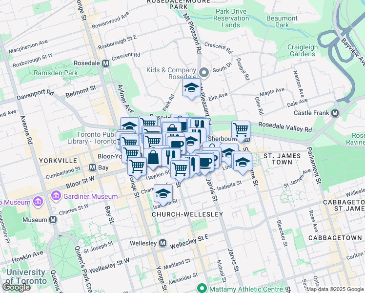 map of restaurants, bars, coffee shops, grocery stores, and more near 208 Bloor Street East in Toronto