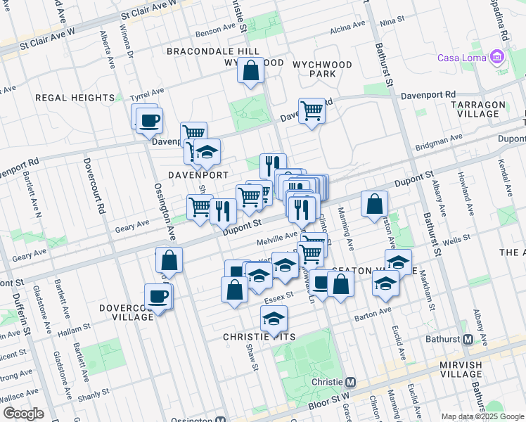 map of restaurants, bars, coffee shops, grocery stores, and more near 740 Dupont Street in Toronto