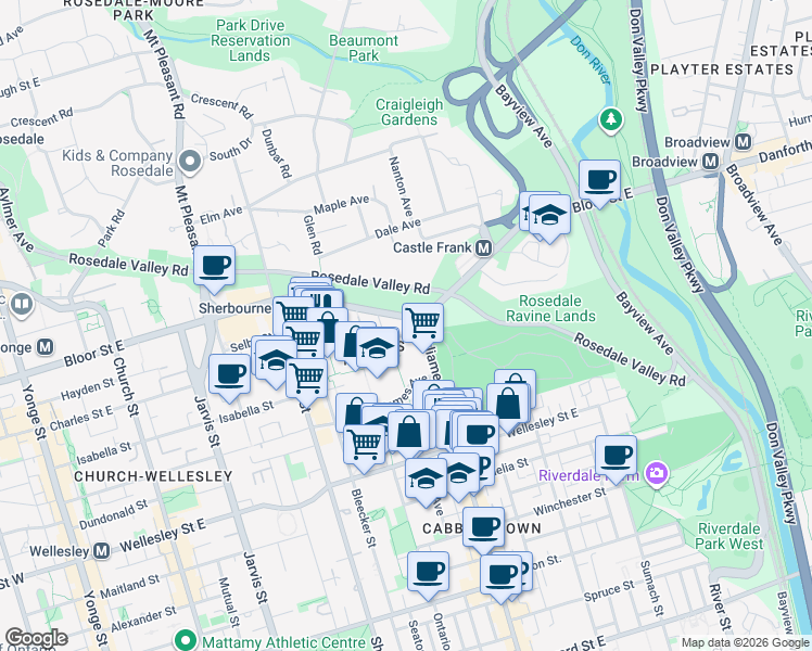 map of restaurants, bars, coffee shops, grocery stores, and more near 585 Bloor Street East in Toronto