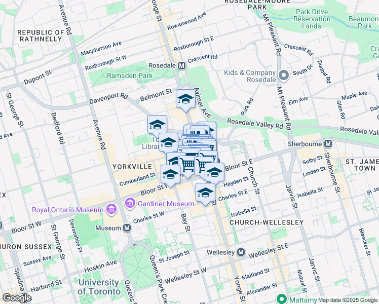 map of restaurants, bars, coffee shops, grocery stores, and more near 11 Yorkville Avenue in Toronto
