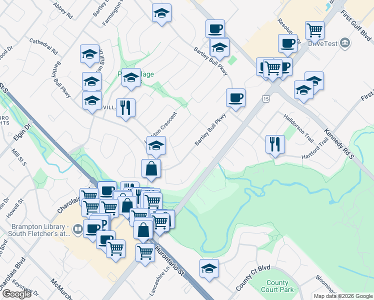 map of restaurants, bars, coffee shops, grocery stores, and more near 449 Bartley Bull Parkway in Brampton