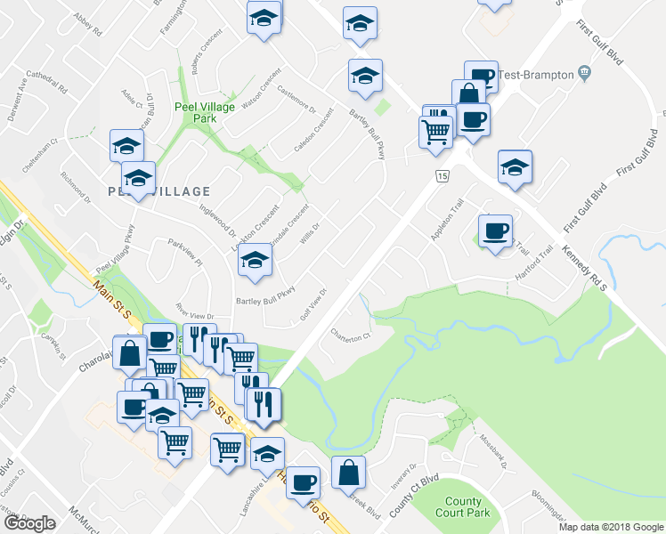 map of restaurants, bars, coffee shops, grocery stores, and more near 5 Caldwell Crescent in Brampton