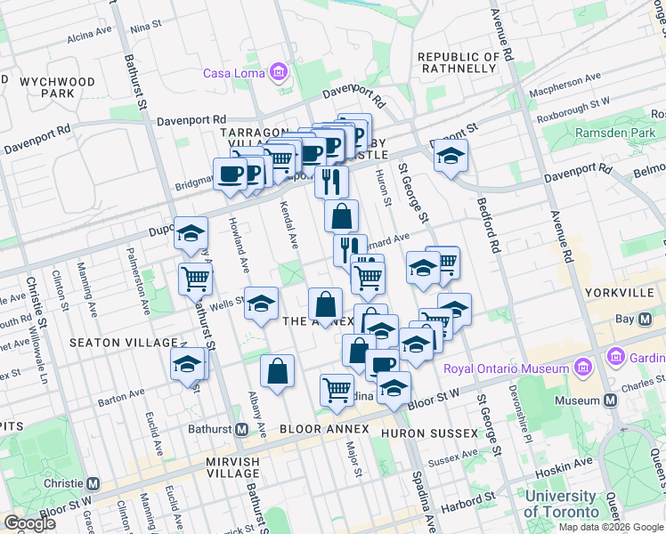 map of restaurants, bars, coffee shops, grocery stores, and more near in Toronto