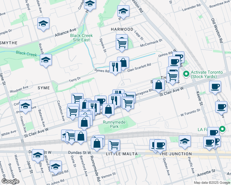 map of restaurants, bars, coffee shops, grocery stores, and more near in Toronto