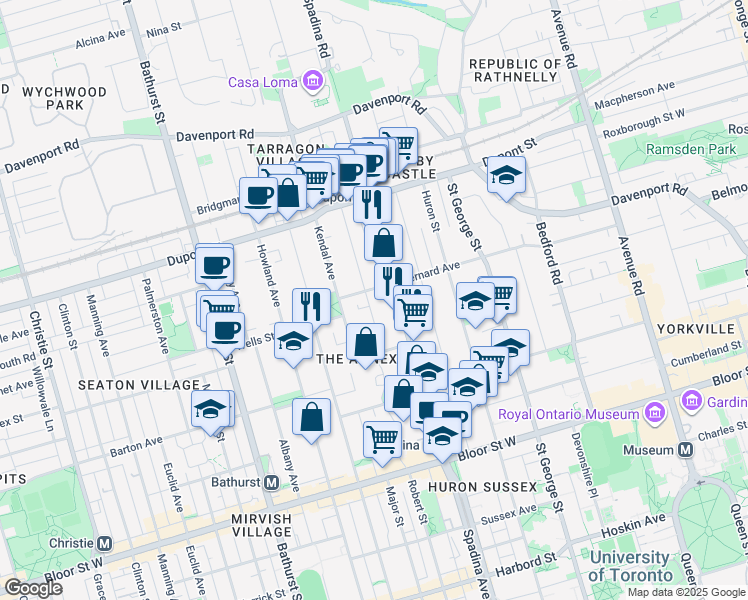 map of restaurants, bars, coffee shops, grocery stores, and more near 99 A Walmer Road in Toronto