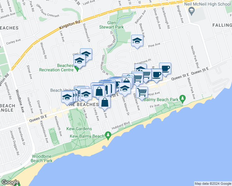 map of restaurants, bars, coffee shops, grocery stores, and more near 2142 Queen Street East in Toronto