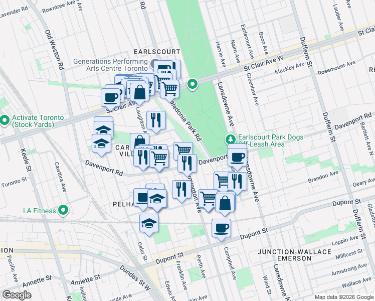 map of restaurants, bars, coffee shops, grocery stores, and more near 150 Wiltshire Avenue in Toronto