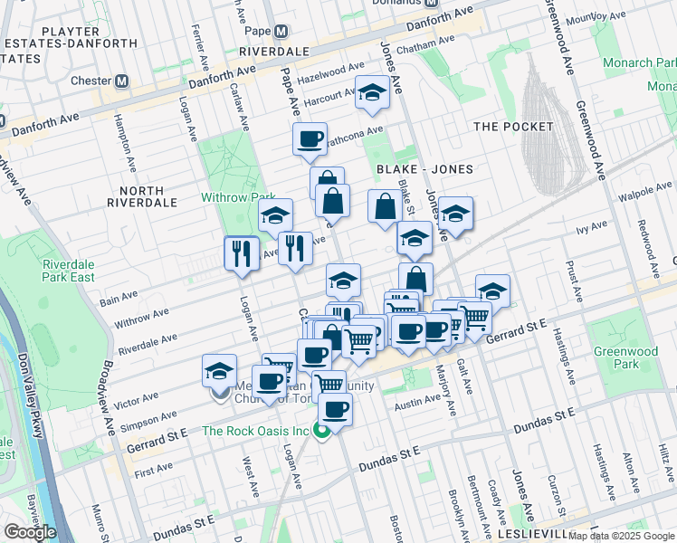 map of restaurants, bars, coffee shops, grocery stores, and more near 456 Pape Avenue in Toronto