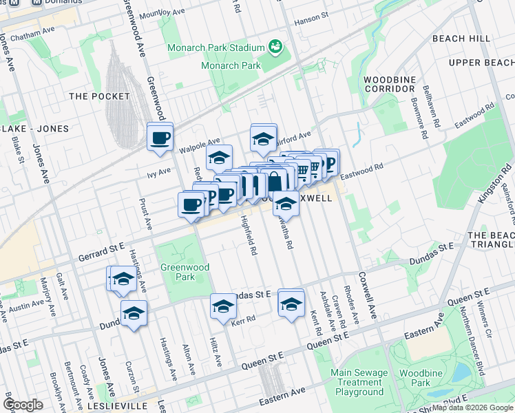 map of restaurants, bars, coffee shops, grocery stores, and more near 280 Woodfield Road in Toronto