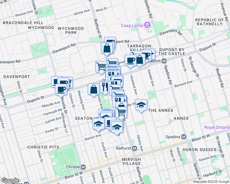 map of restaurants, bars, coffee shops, grocery stores, and more near 1046 Bathurst Street in Toronto
