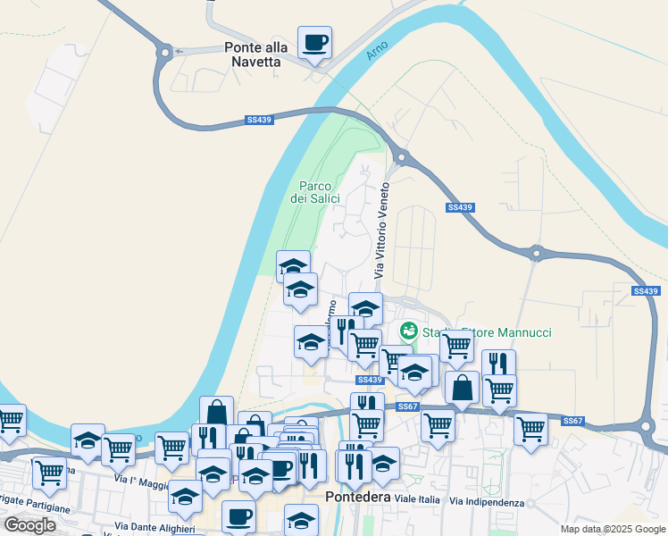 map of restaurants, bars, coffee shops, grocery stores, and more near 4 Via Napoli in Pontedera