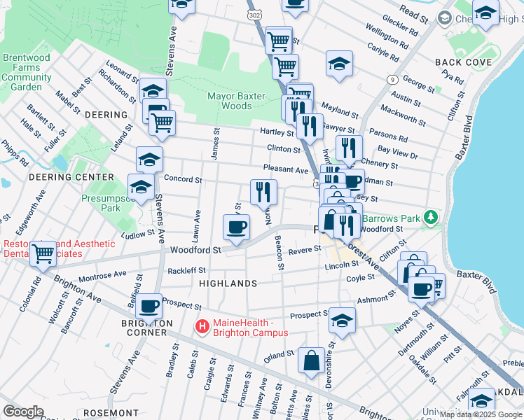 map of restaurants, bars, coffee shops, grocery stores, and more near 12 Norwood Street in Portland