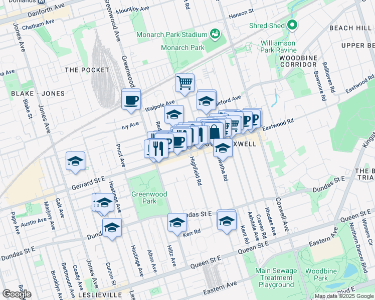 map of restaurants, bars, coffee shops, grocery stores, and more near in Toronto