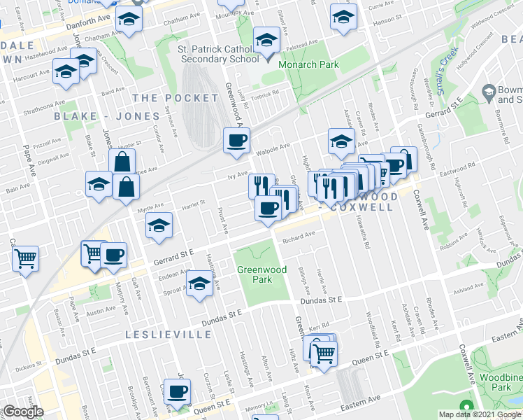 map of restaurants, bars, coffee shops, grocery stores, and more near in Toronto
