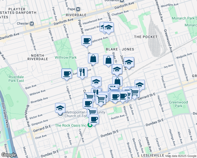 map of restaurants, bars, coffee shops, grocery stores, and more near 453 Pape Avenue in Toronto