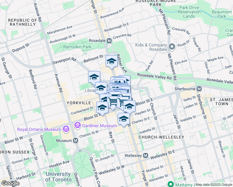 map of restaurants, bars, coffee shops, grocery stores, and more near in Toronto