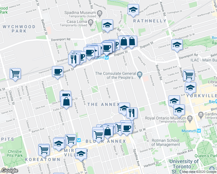 map of restaurants, bars, coffee shops, grocery stores, and more near in Toronto