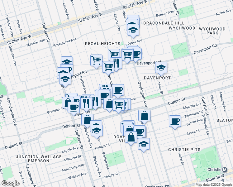 map of restaurants, bars, coffee shops, grocery stores, and more near 342 Westmoreland Avenue in Toronto