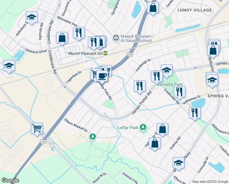 map of restaurants, bars, coffee shops, grocery stores, and more near 10 Fallgate Drive in Brampton