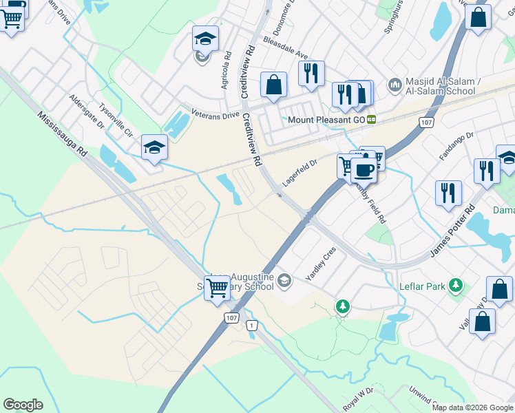 map of restaurants, bars, coffee shops, grocery stores, and more near 230 Lagerfeld Drive in Brampton