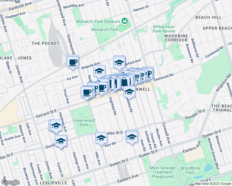 map of restaurants, bars, coffee shops, grocery stores, and more near 280 Woodfield Road in Toronto