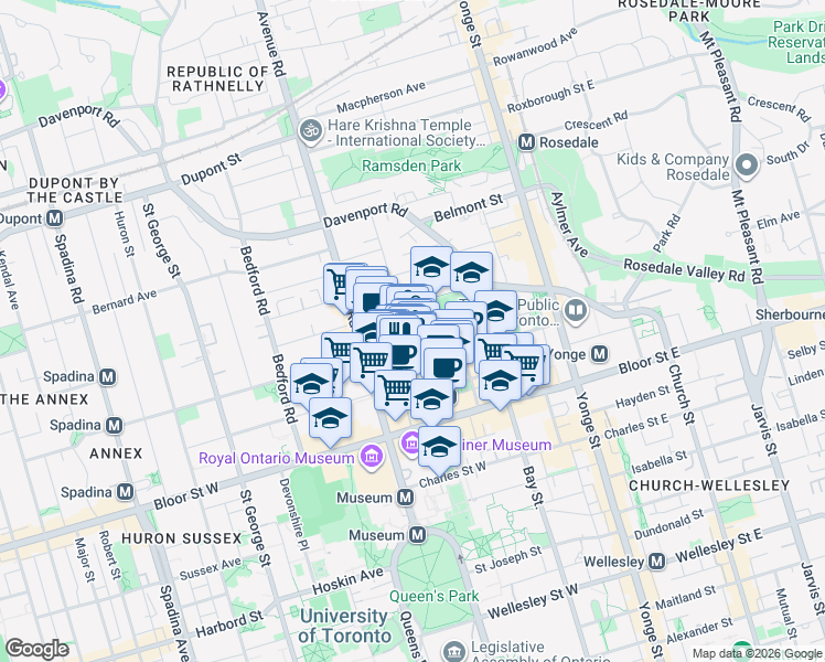 map of restaurants, bars, coffee shops, grocery stores, and more near in Toronto