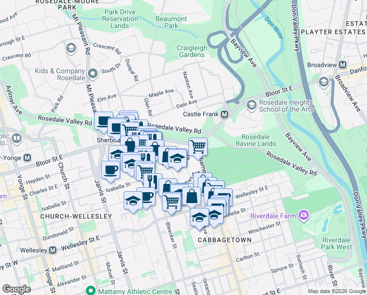 map of restaurants, bars, coffee shops, grocery stores, and more near 585 Bloor Street East in Toronto